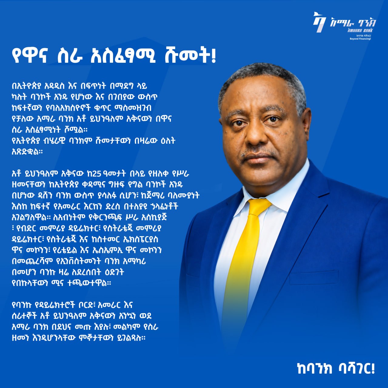 አቶ ይህንዓለም አቅናው የአማራ ባንክ ዋና ስራ አስፈፃሚ ሆነው ተሾሙ